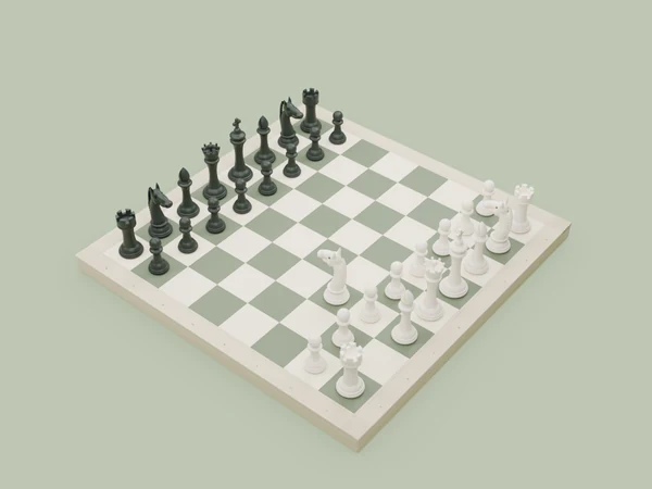 A complete chessboard with ivory and dark pieces